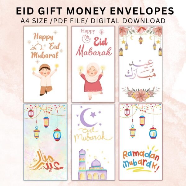 Printable Eid Mubarak gift Money Envelope,6 Envelope,Digital Download,Pdf File.