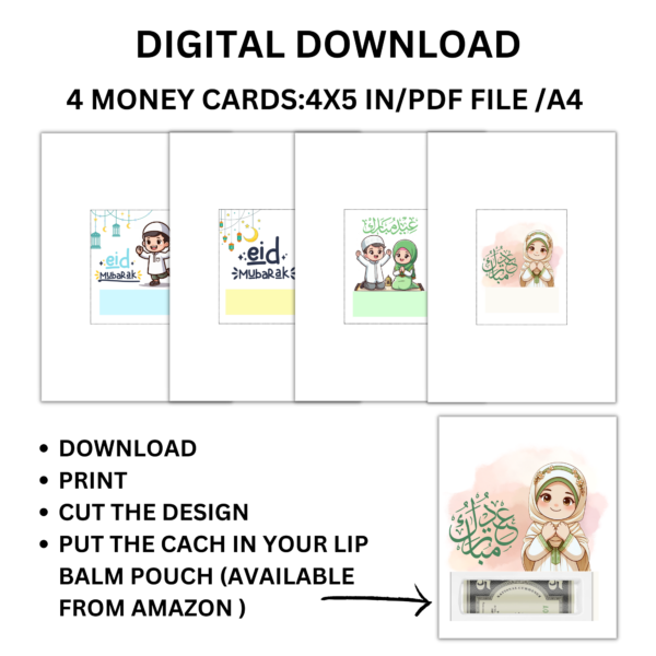 Eid Money Card 4 Different Designs Eid Gift for Kids Eid Money Holder Islamic Gif Eid Mubarak Card Digital Download 4x5In. - Image 2