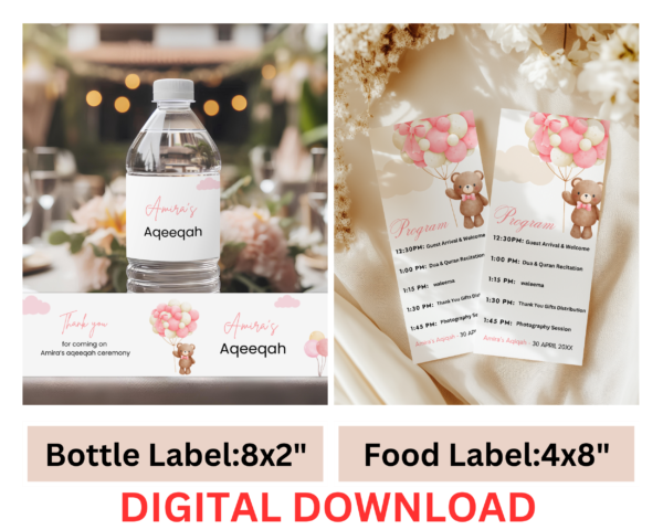 aqeeqah decoration ideas Printable Decorations And Invitations Custom Aqeeqah Signs Favor Tags Mobile Invite Water Bottle Labels Pdf File - Image 2