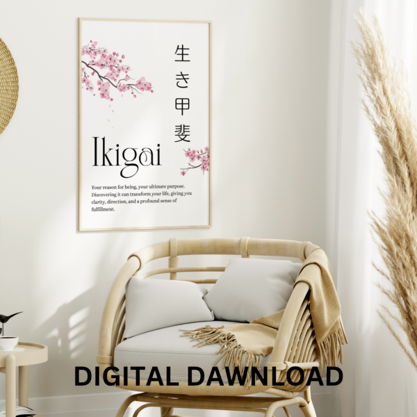Ikigai Poster Wall Art Print Japanese Calligraphy Japanese Motivational Poster with Sakura Flowers. Digital Download - Image 2