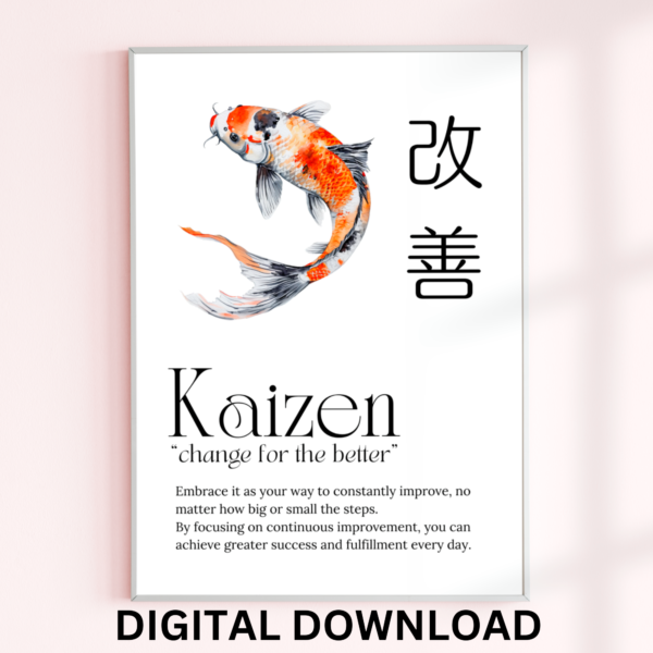 Kaizen Poster Wall Art Print Japanese Calligraphy Japanese Motivational Poster with Koi Fish. Digital Download - Image 3