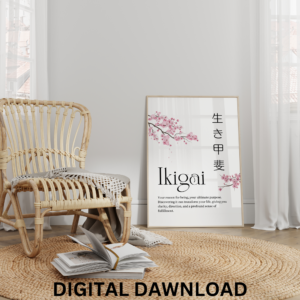 Ikigai Poster Wall Art Print Japanese Calligraphy Japanese Motivational Poster with Sakura Flowers. Digital Download