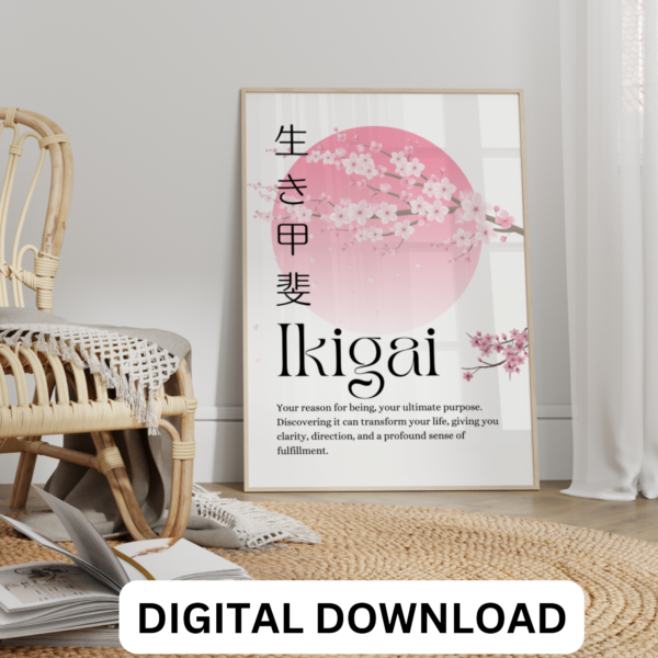 Ikigai Poster Wall Art Print Japanese Calligraphy Japanese Motivational Poster with Sakura Flowers. Digital Download