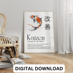 Kaizen Poster Wall Art Print Japanese Calligraphy Japanese Motivational Poster with Koi Fish. Digital Download