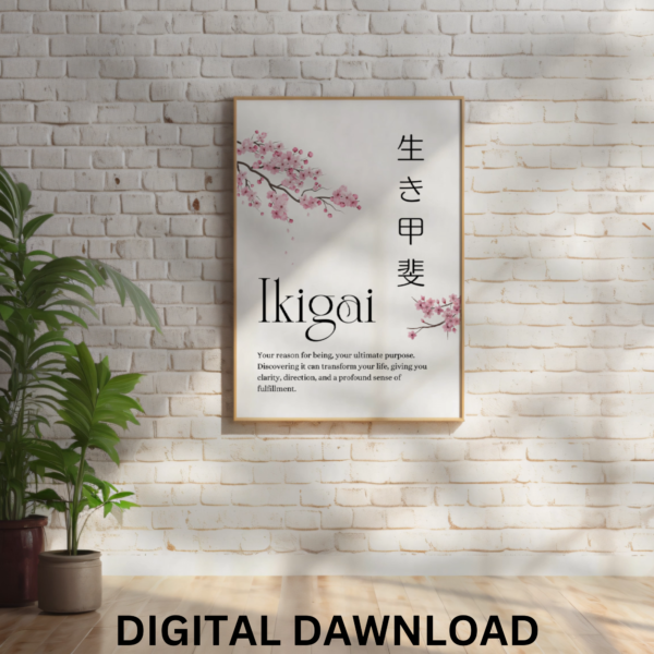 Ikigai Poster Wall Art Print Japanese Calligraphy Japanese Motivational Poster with Sakura Flowers. Digital Download - Image 3