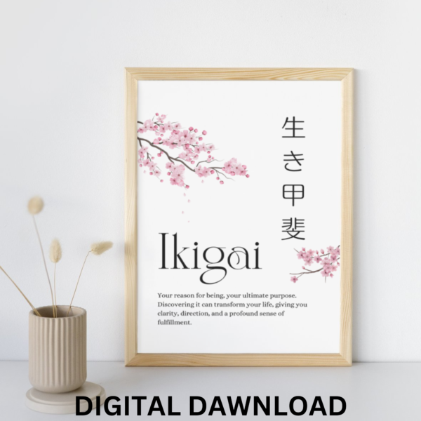Ikigai Poster Wall Art Print Japanese Calligraphy Japanese Motivational Poster with Sakura Flowers. Digital Download - Image 4
