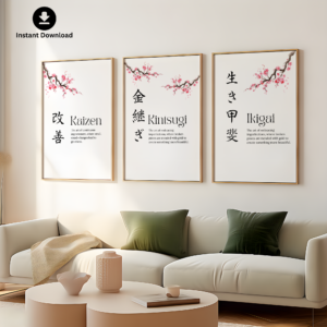 Inspirational Japanese Poster Set Ikigai, Kintsugi, Kaizen Prints,Motivational Quotes