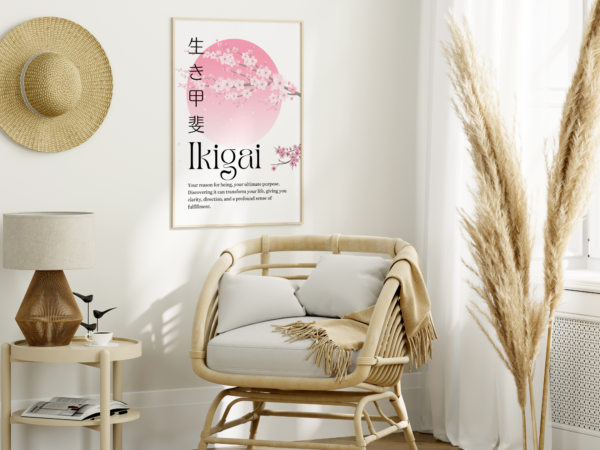 Ikigai Poster Wall Art Print Japanese Calligraphy Japanese Motivational Poster with Sakura Flowers. Digital Download - Image 3