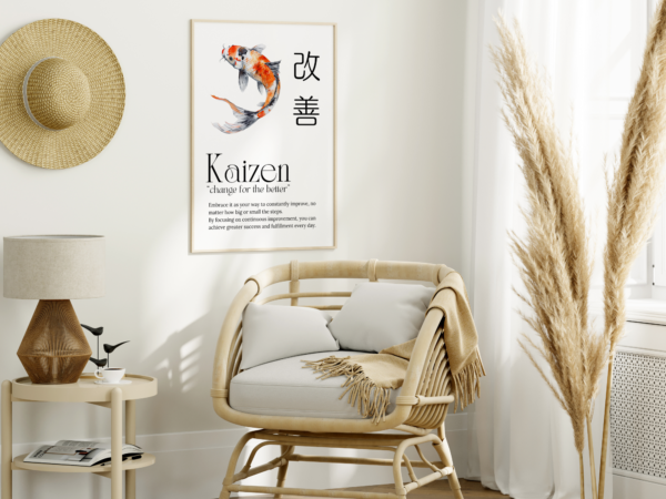 Kaizen Poster Wall Art Print Japanese Calligraphy Japanese Motivational Poster with Koi Fish. Digital Download - Image 2