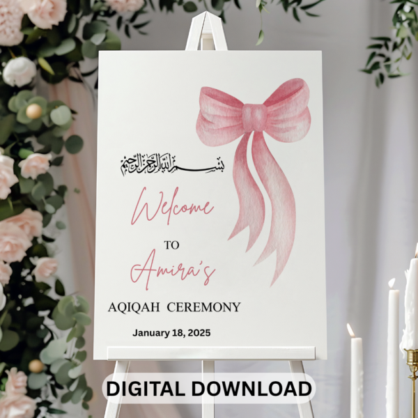 Aqiqah Printable Welcome Sign – Personalized Islamic Baby Shower Bow Decor