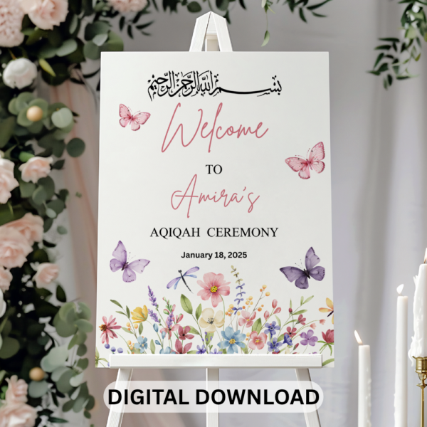 Aqiqah Welcome Sign – Personalized Wildflower & Butterfly Theme Islamic Baby Shower Printable PDF Floral Decor