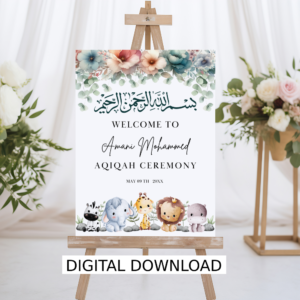 Personalized Aqiqah Welcome Sign – Wildflower Theme | Islamic Baby Shower Printable PDF | Pink Decor for Baby Girl