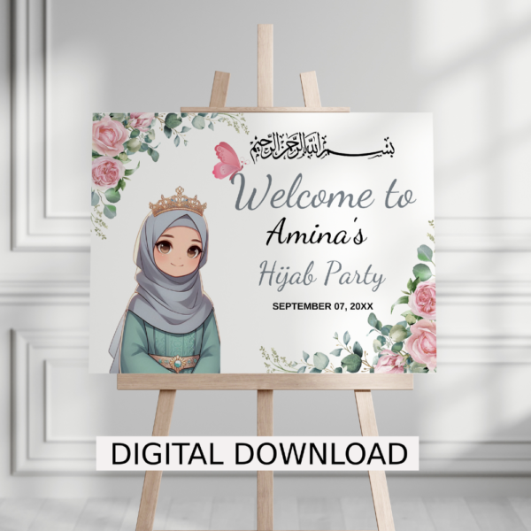Personalized Hijab Party Welcome Sign PDF – Islamic Girl’s First Hijab Celebration