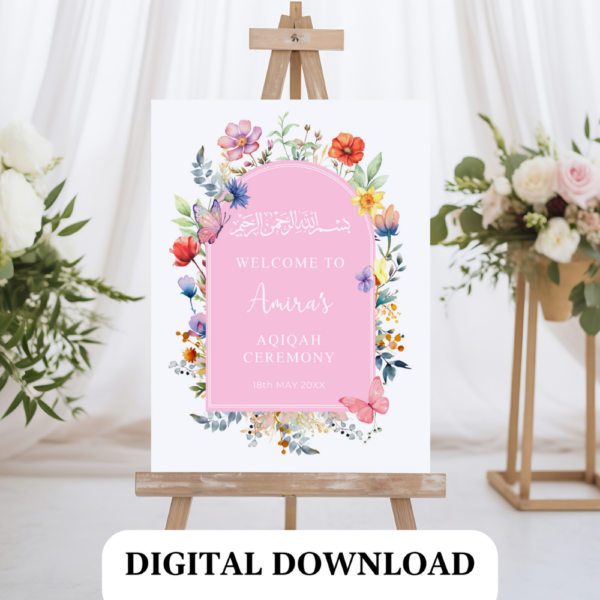 Personalized Aqiqah Welcome Sign – Wildflower Theme | Islamic Baby Shower Printable PDF | Pink Decor for Baby Girl