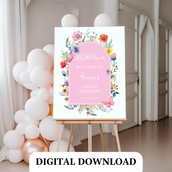 Aqeeqah Ceremony Welcome Sign – Wildflower Theme | Islamic Baby Shower Printable PDF | Pink Decor for Baby Girl - Image 2