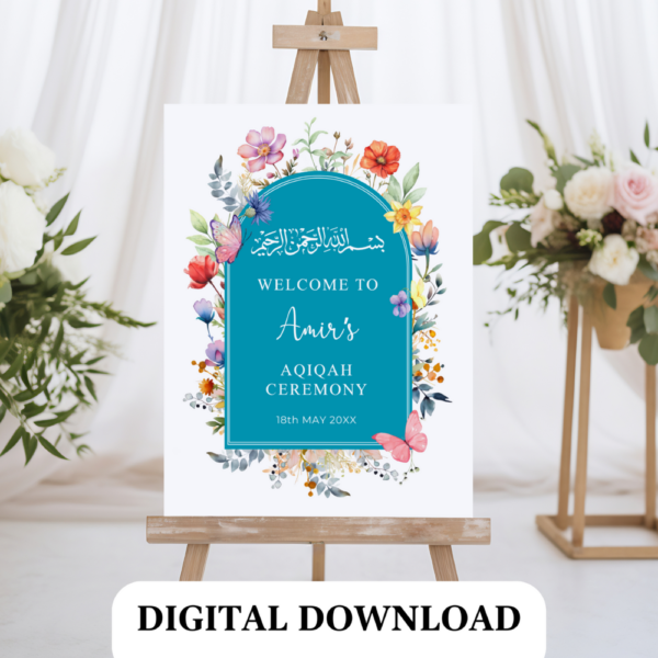 Personalized Aqiqah Welcome Sign – Wildflower Theme | Islamic Baby Shower Printable PDF | Blue Floral Decor for Baby Girl