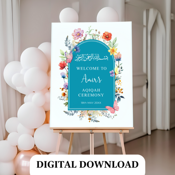 Personalized Aqiqah Welcome Sign – Wildflower Theme | Islamic Baby Shower Printable PDF | Blue Floral Decor for Baby Girl