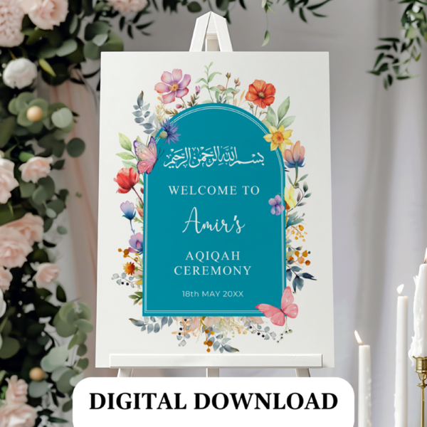 Personalized Aqiqah Welcome Sign – Wildflower Theme | Islamic Baby Shower Printable PDF | Blue Floral Decor for Baby Girl