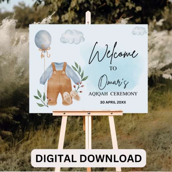 Aqiqah Printable Welcome Sign – Personalized Islamic Baby Shower Blue Decor
