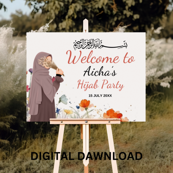 Personalized Hijab Party Welcome Sign – Islamic Girl’s First Hijab Celebration Poster (24x18 in)