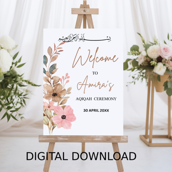 Aqiqah Printable Welcome Sign – Personalized Islamic Baby Shower Flower Decor